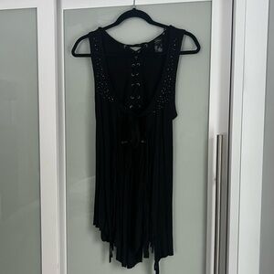 Guess Women’s Vintage Lace-Up Fringe Front Tie Vest with Stud Detail